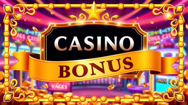 Casino Bonus label frame, golden banner, border winner, Vegas game. illustration.&nbsp;Generative AI