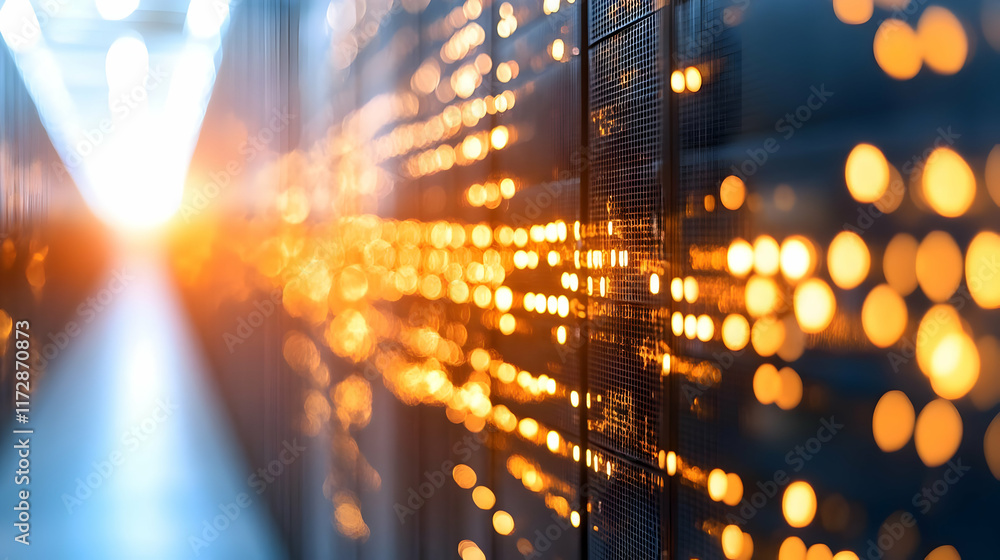 Poster server room data center network technology; glowing lights illuminate servers, showcasing high-speed