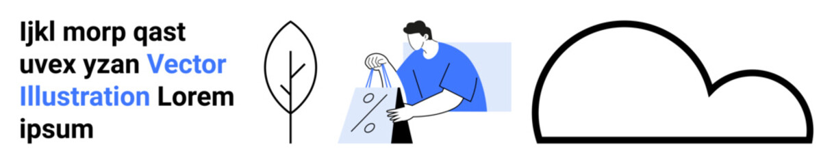 Man in blue shirt planting a tree beside text, minimalist tree drawing, and cloud outline. Ideal for environmental awareness, conservation efforts, climate change communication, sustainability