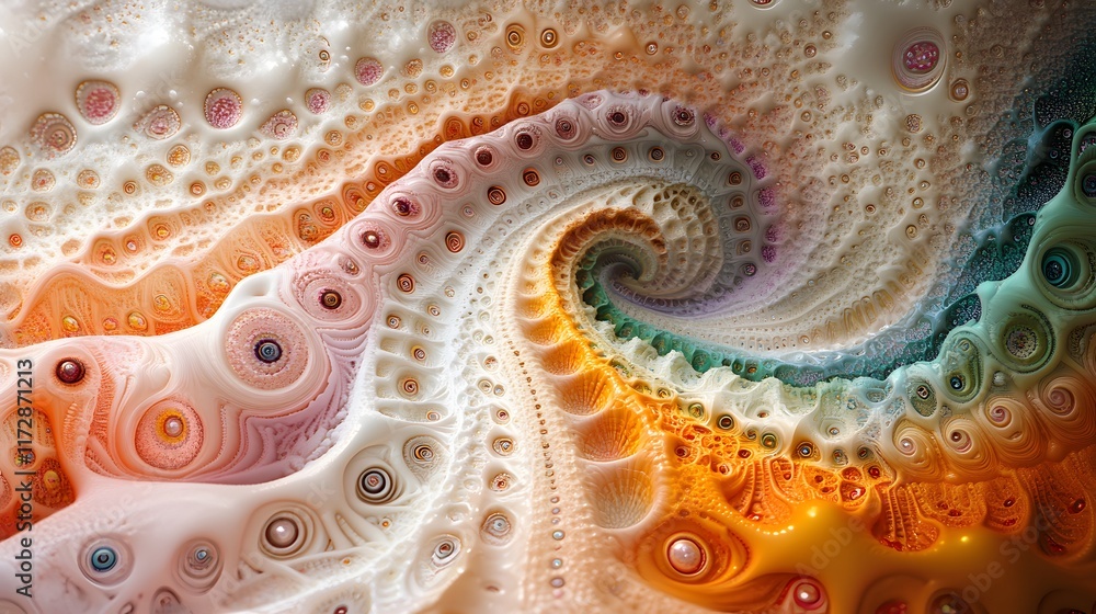 Poster a mesmerizing abstract fractal artwork featuring a spiral pattern in pastel colors. organic forms an