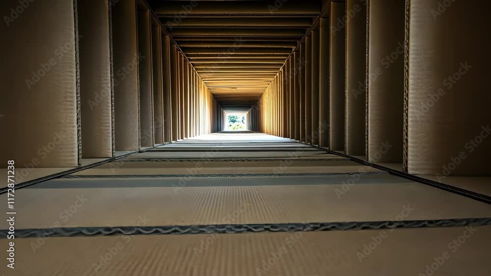 Aufkleber looking down a long cardboard tunnel with light at the end, showcasing the structure and texture of 