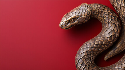 Fototapeta premium Bronze Snake Sculpture on a Red Background. Chinese New Year. Lunar New Year. Wood SnakeNew Year. Lunar New Year. Wood Snakce