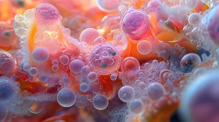 Close-up of vibrant, iridescent bubbles, creating an abstract, surreal landscape. the pancreas and insulin production, abstract