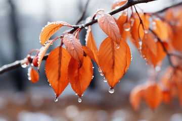 ephemeral elegance of sleet on autumn leaves captures delicate equilibrium between two seasons, freezing leaves in time and symbolizing poetic shift from fall to winter