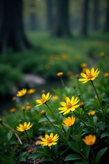 Obraz premium A dark landscape with scattered bright yellow wild flowers, plant life, spring blooms, wild flowers
