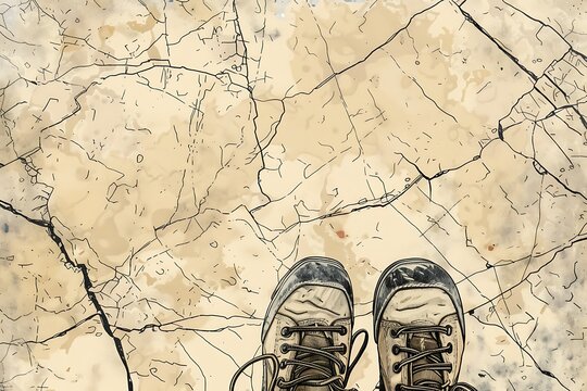 hiking boots rocky terrain outline beige background