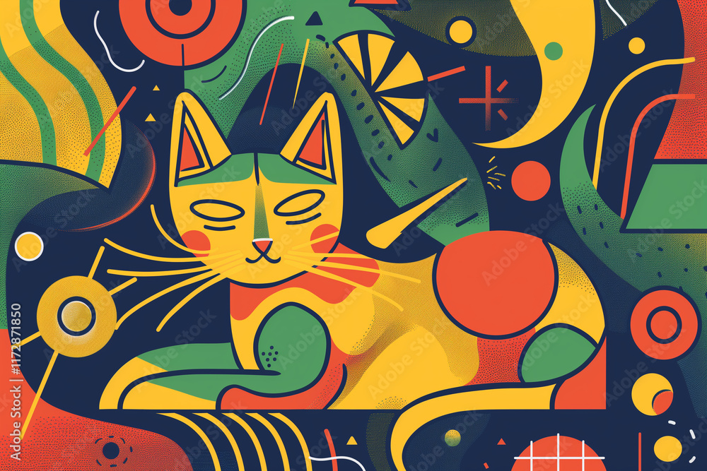 Poster a lively and colorful line art of a cat with abstract geometric shapes surrounding the cat.