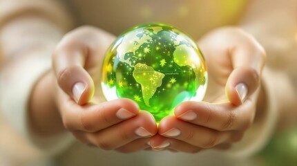 Hands holding a green globe symbolizing global environmental conservation and sustainability