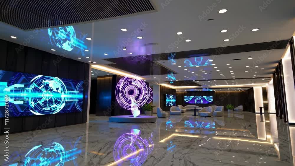 Poster Modern interior design showcasing digital displays and sleek architecture in a high-tech conference room