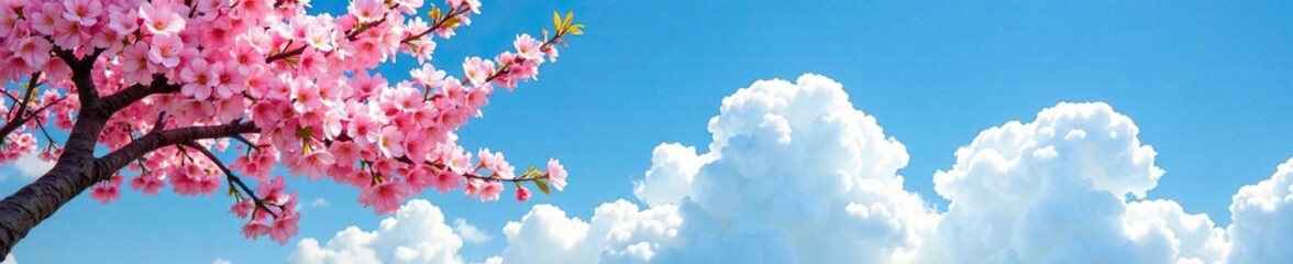 Obraz premium Blooming tree against blue sky with fluffy white clouds, cloud, blossom