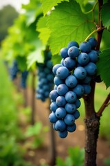 Blue grapes nestled among lush leaves and stems, organic, earthy, vineyard
