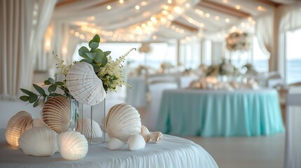 A serene coastal-themed wedding venue with white and aqua decor, seashell centerpieces, and gentle oceanic lighting.