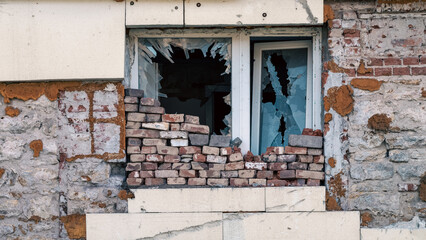 destroyed and burned houses in the city in Ukraine