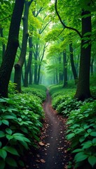 Fototapeta premium Dense foliage surrounds a narrow, winding path, woods, isolated, mysterious