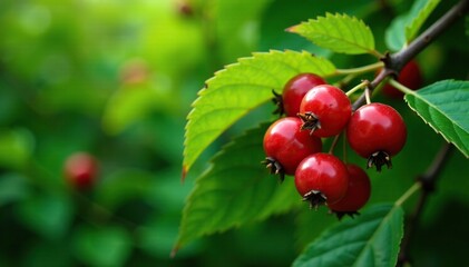 Obraz premium Freshly picked red berries amidst a bed of lush green leaves, plant life,