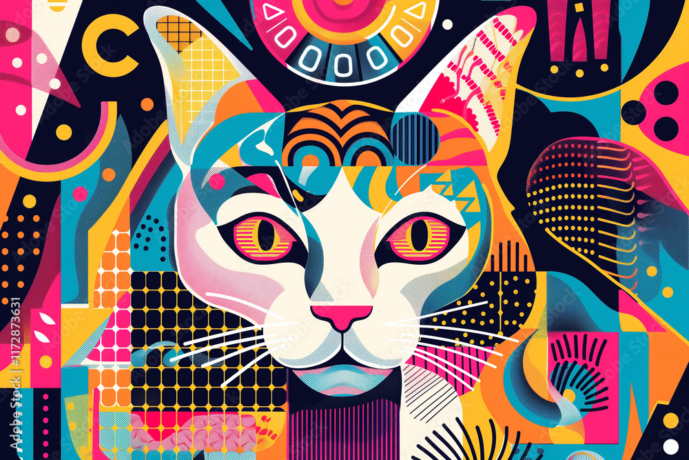 Poster a lively and colorful line art of a cat with abstract geometric shapes surrounding the cat.