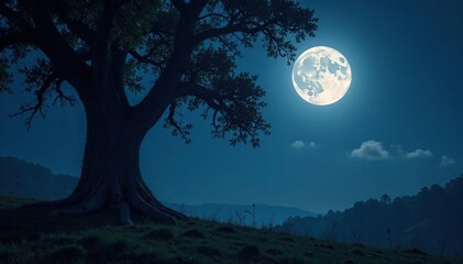 Fototapeta premium Glowing moonlight illuminates white ragged form on tree, rags, moonlight, spooky