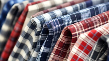 Colorful plaid shirts hanging in a row.