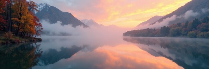 Obraz premium Misty dawn breaks over the lake's tranquil surface, autumn fog, lake