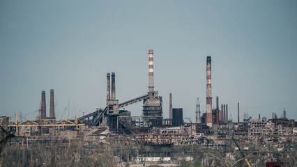 destroyed and burned houses in the city in Ukraine