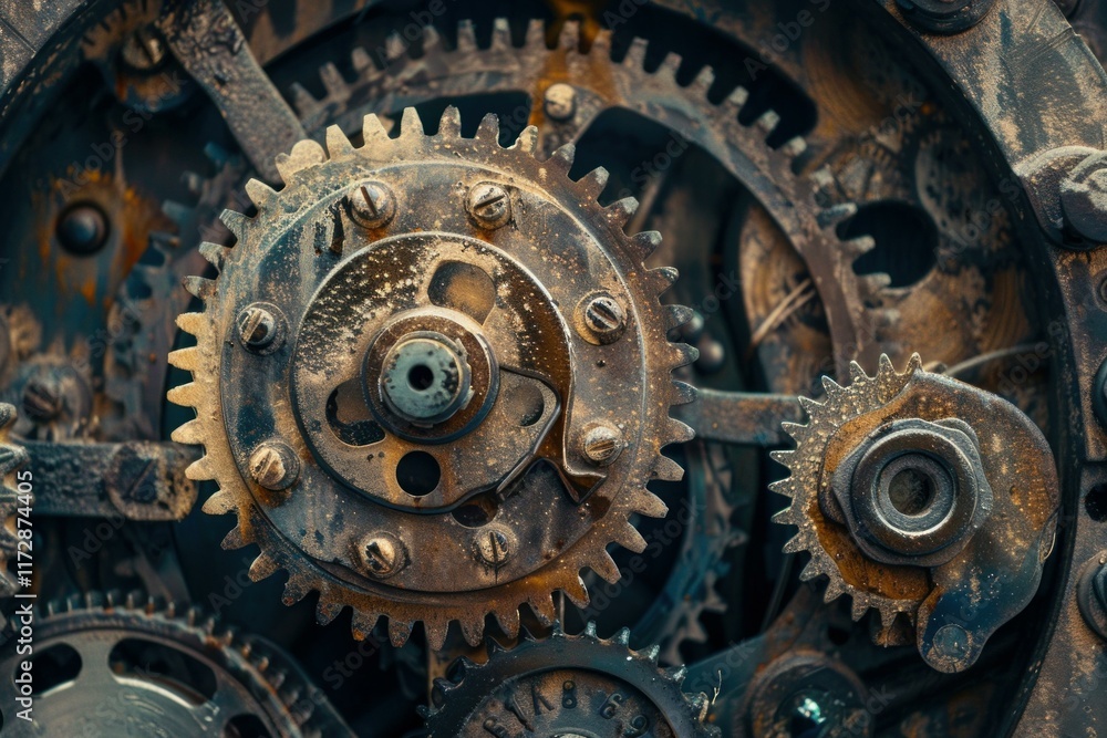 Poster interlocking metal gears covered with rust spinning and working together inside complex machine