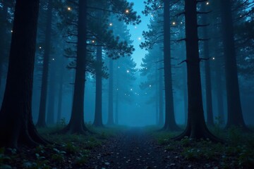 Fototapeta premium Dark forest floor under misty night sky with twinkling stars and sparkles, dark, woods