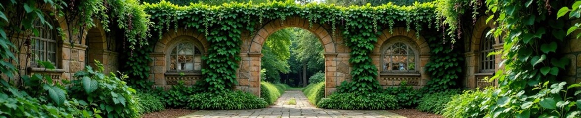 overgrown vines and climbing plants on ancient stone walls, plants, greenery, arbor