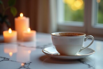 Fototapeta premium Tea cup and saucer on a white marble tablecloth with candles, tea cup, marble, evening