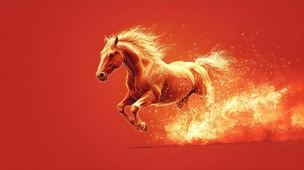 A powerful stallion with flowing mane gallops across a black background in this dynamic vector illustration perfect for Chinese New Year decorations Lunar Festive Zodiac in Gold Linework