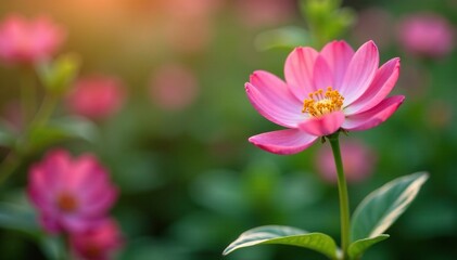 Obraz premium delicate petal pink flower blooms on green stem with leaves in garden, flora, flowers, bloom