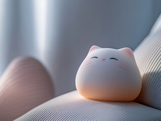 Soft and blissful cat-shaped squishy resting on a cozy cushion in warm ambient light