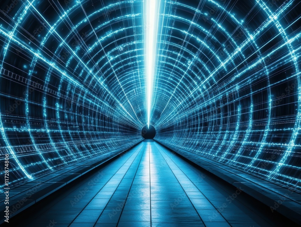 Poster explore a mesmerizing tunnel filled with vibrant blue lights and intricate grid patterns, evoking a 
