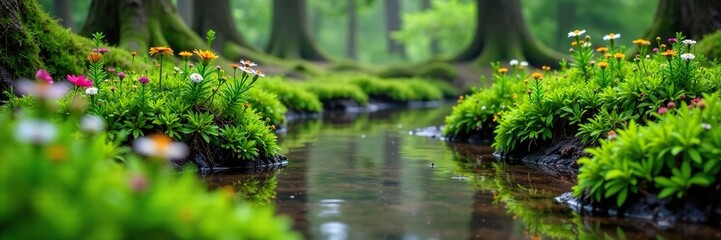 Forest floor covered with moss and wildflowers around a small pond, landscape, moss, water