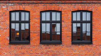 Fototapeta premium Three Tall Windows with Black Frames on a Rustic Brick Wall