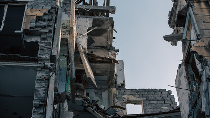 destroyed and burned houses in the city in Ukraine