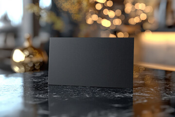Black business card standing on marble table in blurred luxurious interior