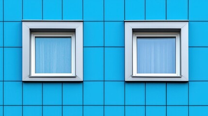 Bright Blue Wall with Two White Framed Windows in Modern Design