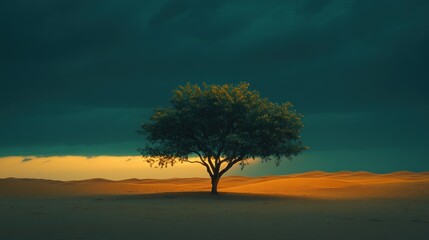 Obraz premium Serene Vintage Night Oasis in Desert Landscape with Dramatic Dark Clouds