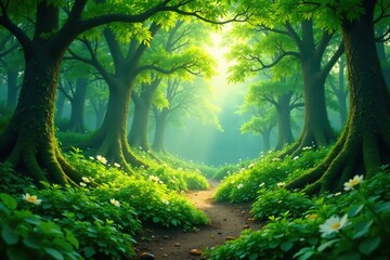 Naklejka premium Verdant foliage surrounds a serene forest glade, greenery, tranquility