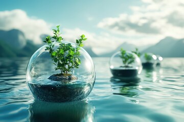 Floating biospheres in oceans purifying water, showcasing biotechnology efficiency and sustainable environmental growth