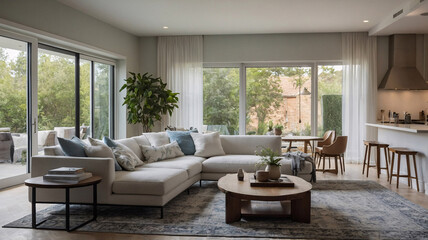 Fototapeta premium Cozy traditional rural living room with neutral sofa large windows and handwoven rug under furniture traditional interior design