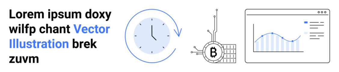 Clock displaying time, Bitcoin symbol with circuit, data graph on monitor, and placeholder text. Ideal for financial tech, time management, cryptocurrency, data analytics, business presentations