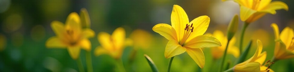 Fototapeta premium Single yellow lily bloom in the garden among other flowers, blooming, flowers