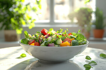 Fresh salad with tomatoes, cucumber, herbs and peppers in bowl on marble table