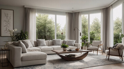 Fototapeta premium Elegant and timeless traditional rural home living room with neutral sofa large windows and a colorful rug beneath the furniture traditional interior design