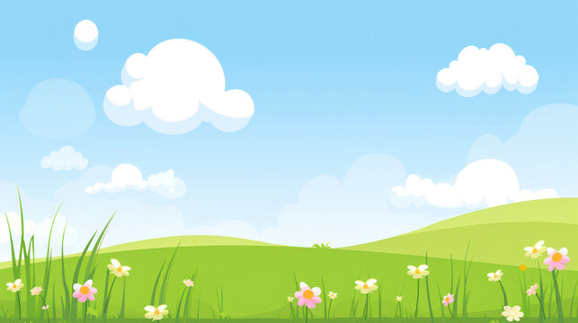 illustration cartoon simple meadow hill landscape blue sky and cloud flower summer time