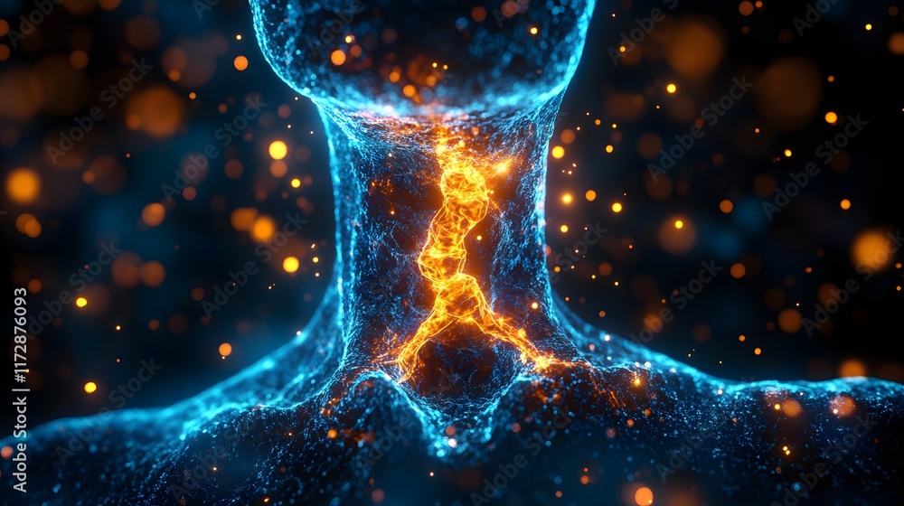 Poster an abstract image depicting energy flow with a blend of blue and orange. glowing particles create a 