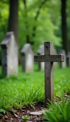 Small wooden cross blends into faded gravestones, peaceful, rustic, quiet
