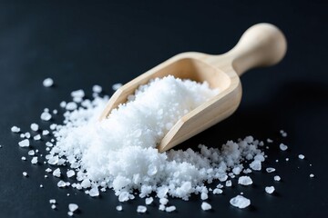 White wooden scoop isolated on dark background with scattered sea salt crystals, crystals, texture