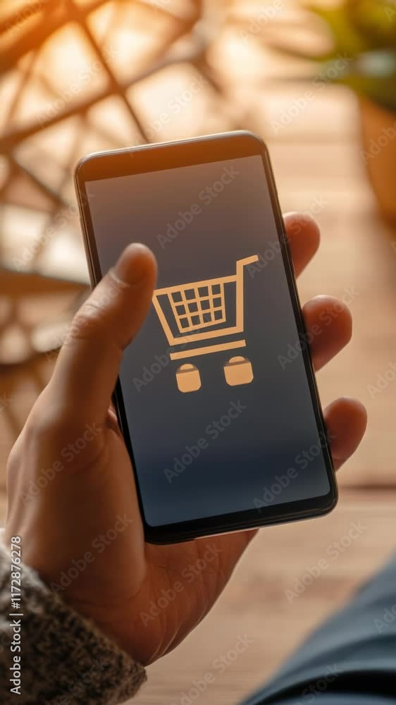 Poster hand holding a mobile phone with a shopping cart icon on the screen, illustrating the concepts of on